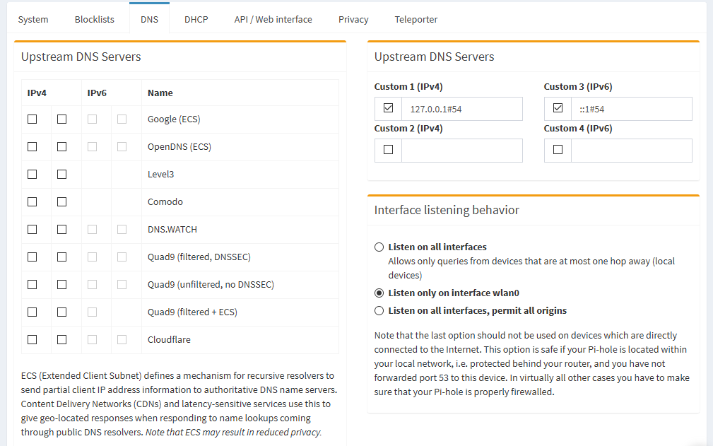 Pi-Hole DNS settings page configured to use a custom upstream DNS server.